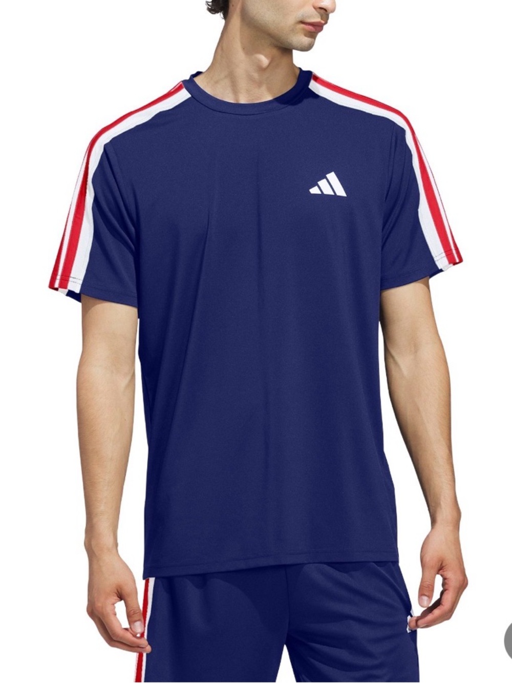 Adidas Men’s Navy Tee with Red & White Shoulder Stripes